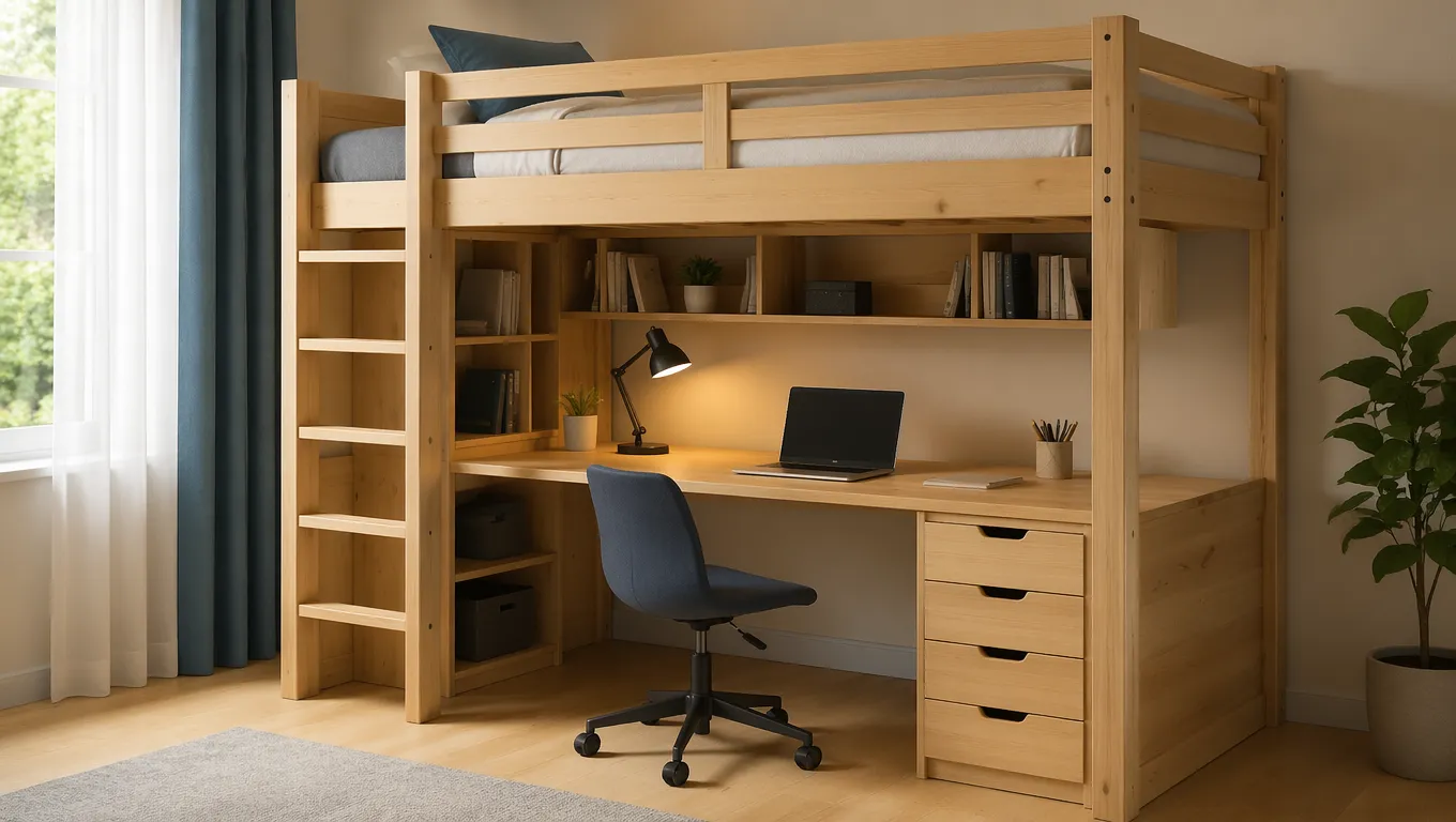 Wooden Bunk Bed with Integrated Study Desk