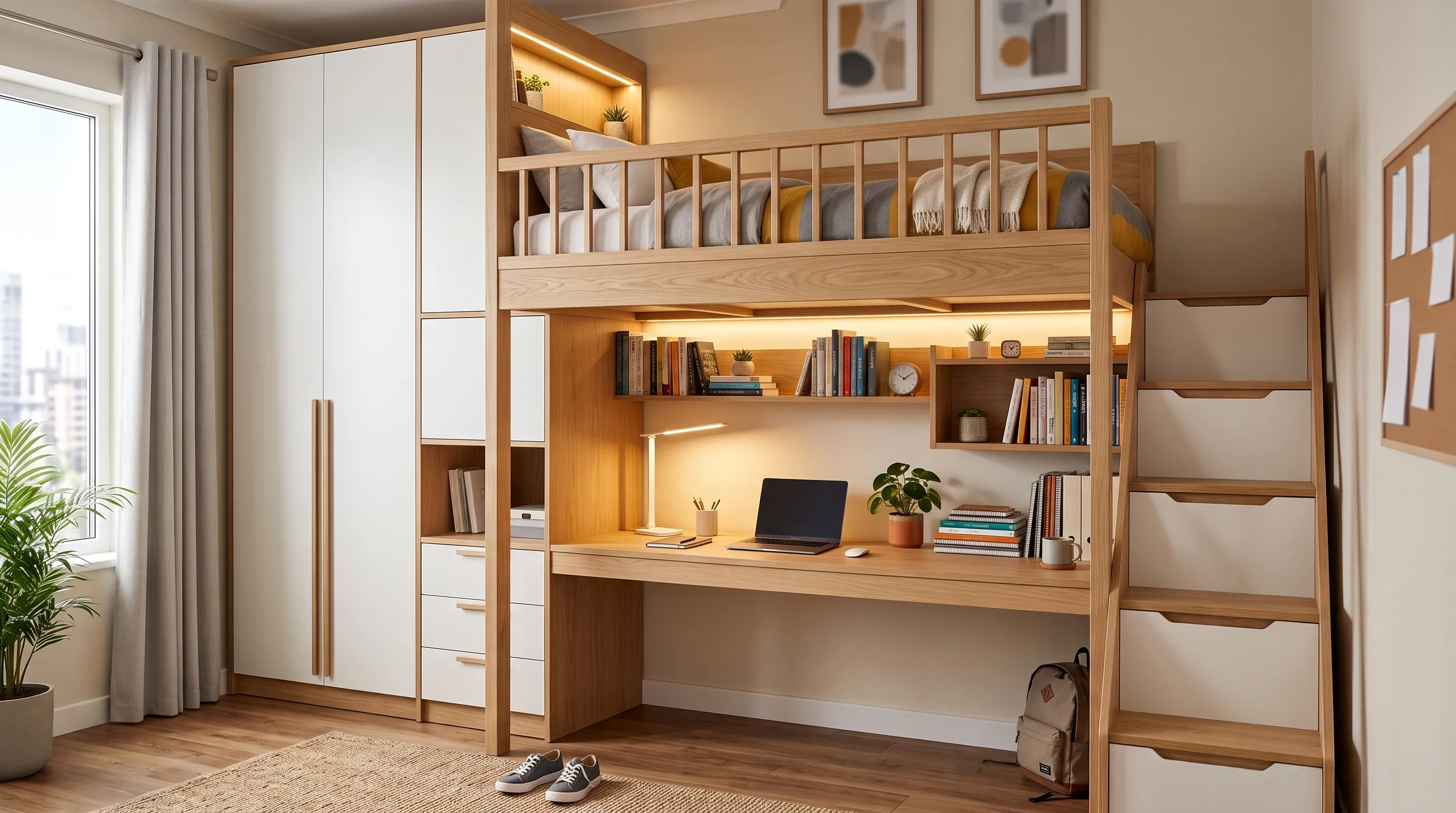 Bunk Bed System with Large Desk and Wardrobe