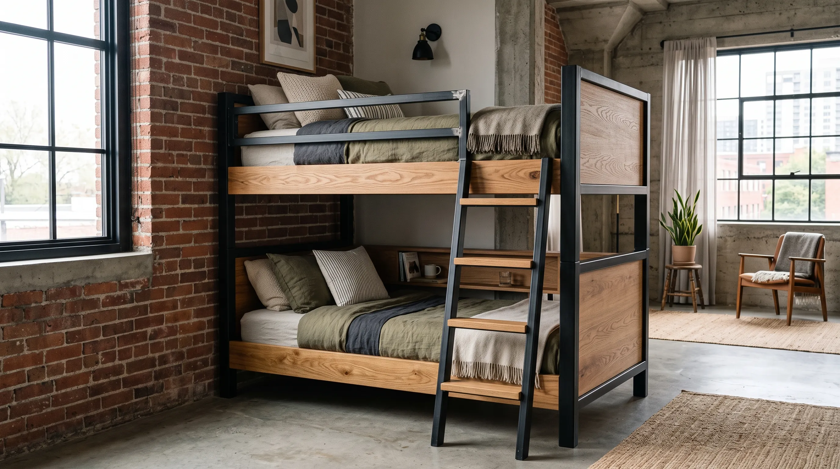 Modern Metal-Wood Hybrid Bunk Bed Design